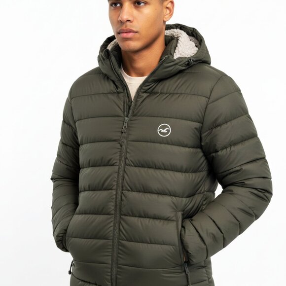 HOLLISTER Mens Olive Green Puffer Jacket Sherpa Lined Hood Coat Warm Winter (L) - Picture 6 of 12